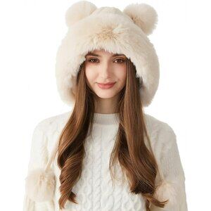 Women Beige Winter Sherpa Beanie Hats Knit Ear Flaps Peruvian Cover Ears